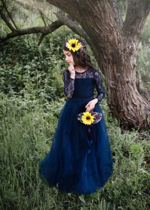 Long Sleeves Navy Blue Lace Tulle Rustic Flower Girl Dress Long Sleeves Navy Blue Lace Tulle Rustic Flower Girl Dress